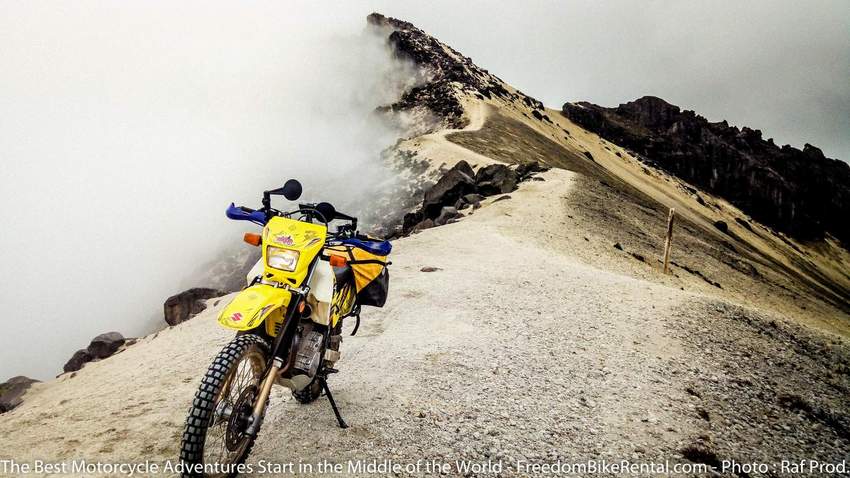 DR650 at the top of the guagua pichincha volcano in Ecuador