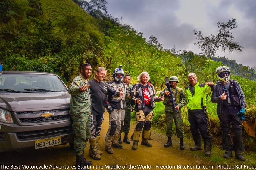 Friendly military with adventure motorcycles in Ecuador