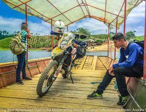 Husqvarna enduro motorcycle on a ferry in ecuador