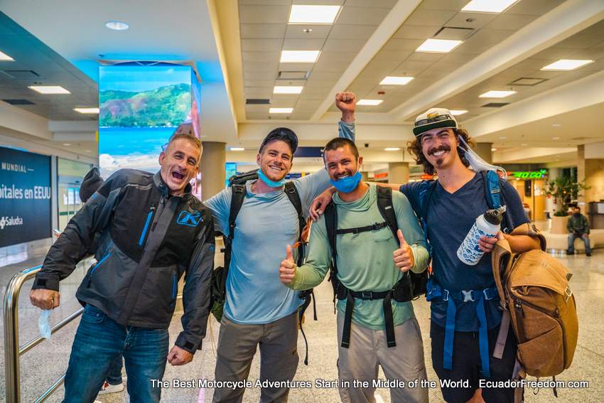 adventure motorcyclists arriving at airport in Quito Ecuador