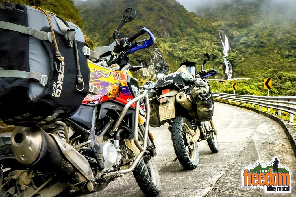 two bikes with waterfall in sangay national park   copy