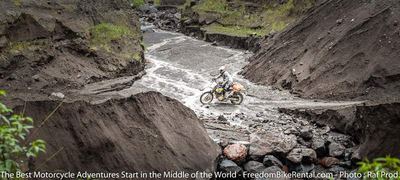 Riding motorcycle at base of tungurahua in volcanic ash through fault line