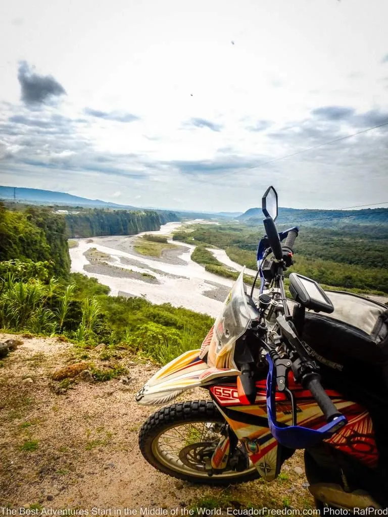 Adventure Motorcycle above the Pastaza River in the Ecuador Amazon basin