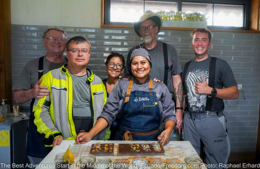 motorcyclists making chocolate at hacienda la danesa in Ecuador