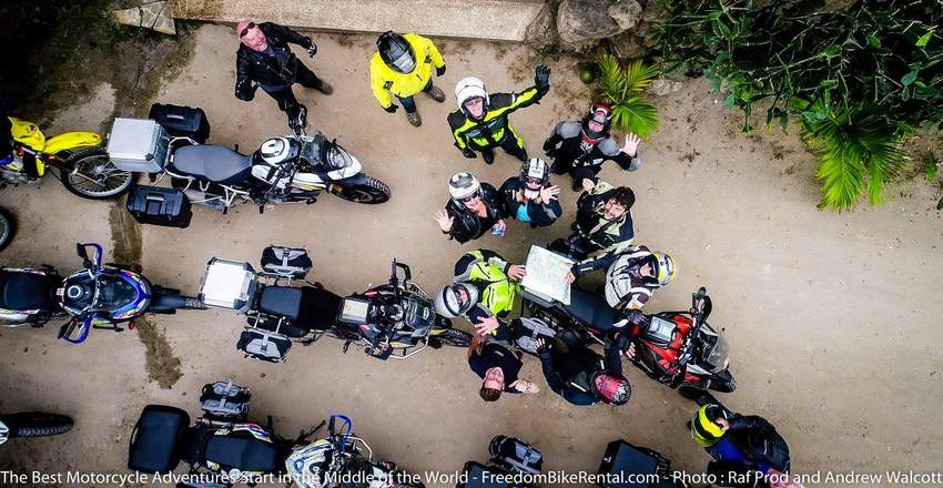 overhead with drone motorcycle tour group