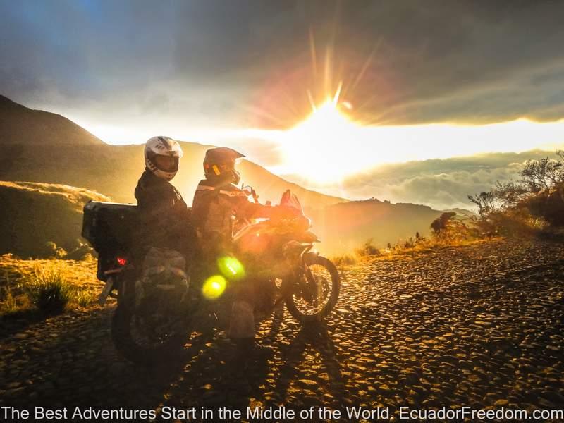 sunlight and two adventure motorcyclists in ecuador