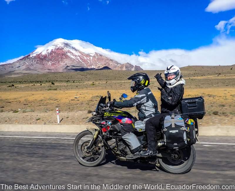 two up motorcyclists on the road around chimborazo on an adventure motorcycle